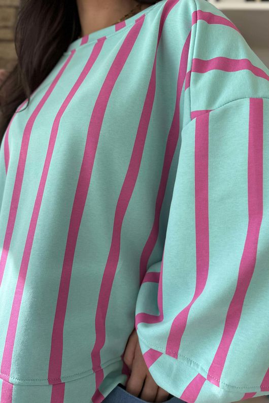 Scamp Lantern Sweatshirt Vertical Stripe Sage & Hot Pink